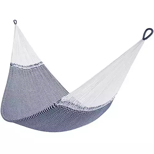 Handwoven Hammock by Yellow Leaf Hammocks - Double Size, Fits 1- 2 PPL, 400lb max - Weathersafe, Super Strong, Easy to Hang, Ultra Soft, Artisan Made - Color: Stripe Navy Blue - White