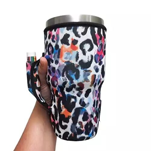 Lit Handlers Tumbler Holder - Machine-Washable & Water-Resistant Neoprene Cup Sleeve - Built-in Handle & Lip Balm Pocket - 30-38 oz Beer Cans, Blender Bottles, & Ice Shakers (Watercolor Le...