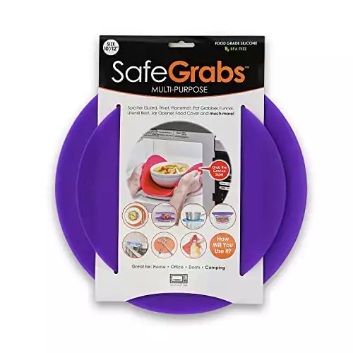 Safe Grabs: Multi-Purpose Silicone Original Microwave Mat as Seen on Shark Tank | Splatter Guard, Trivet, Hot Pad, Pot Holder, Minimize Mess (BPA Free, Heat Resistant, Dishwasher Safe),Set of 2 Purple