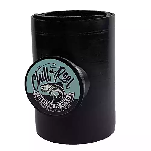 Chill-N-Reel Fishing Can Cooler with Hand Line Reel Attached | Hard Shell Drink Holder Fits Any Standard Insulator Sleeve or Coozie | Unique Fun Fishing Gift (Black)