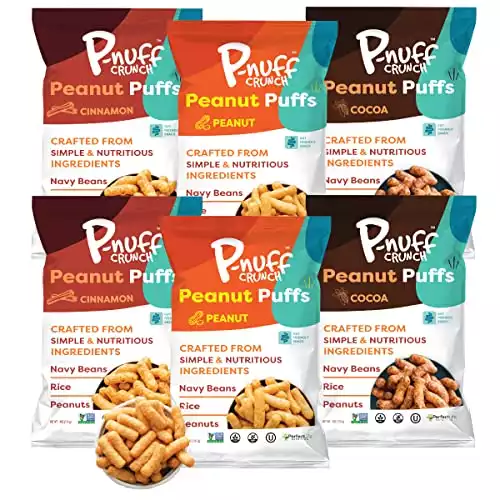 P-nuff Crunch Baked Peanut Puffs - Healthy Snacks, Gluten Free, Vegan, 20g Vegan Protein per Bag, Low FODMAP, Plant Based, Dairy Free, Gut-Friendly, as Seen on Shark Tank, 4oz Bag, Variety Pack of 6