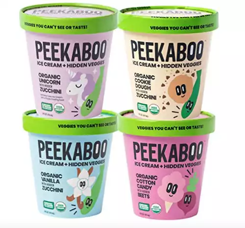 Peekaboo Premium Organic Ice Cream Party Time Sampler Pack:  4 Pack with Cookie Dough, Unicorn, Vanilla and Cotton Candy Ice Cream