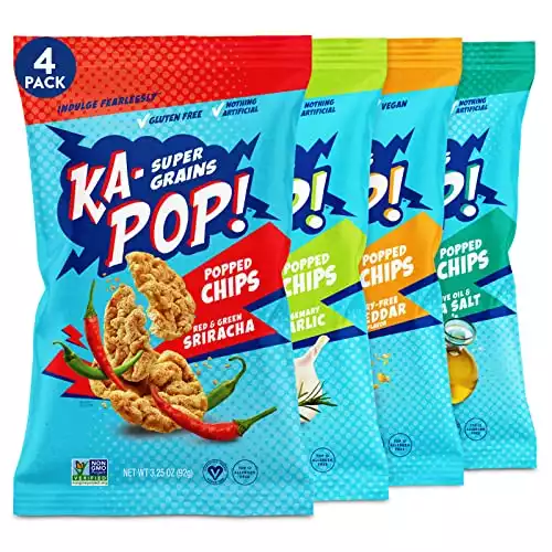 Ka-Pop! Popped Chips Variety Pack, 4 Pack - 1 Sriracha, 1 Rosemary Garlic, 1 Vegan Cheddar, 1 Olive Oil & Sea Salt (3oz) - Gluten, Corn & Dairy Free - Kosher, Non-GMO, Vegan, Whole Grain Snack...