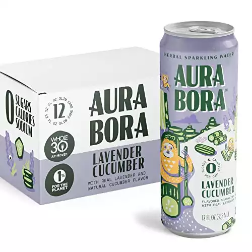 Lavender Cucumber Herbal Sparkling Water by Aura Bora, 0 Calories, 0 Sugar, 0 Sodium, Non-GMO, 12 oz Can (Pack of 12)