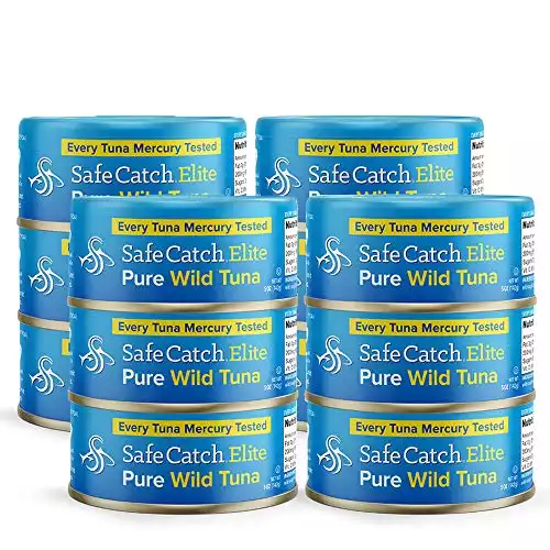 Safe Catch Elite Tuna Canned Wild Caught Tuna Fish Low Mercury Can Tuna Solid Steak Gluten-Free Keto Non-GMO Kosher Paleo-Friendly High Protein Food, Every Can Of Tuna Is Tested, 12 Pack 5oz Tuna Cans