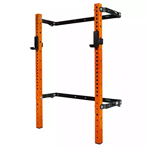 PRx Performance Profile PRO 73" Folding Squat Rack, Wall Mounted Home Gym System, 3x3 Uprights, 10 Color Powder Coat Options, Bench Press Stand with J-Hooks (Orange)