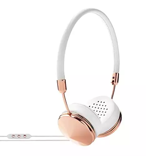 FRENDS Layla Wired Headphones Over Ear, Women’s’ Fashion Headphones, Hi-Fi Sound, 3 Button mic and Remote, White Leather Headband, Hand Polished Rose Gold Cap
