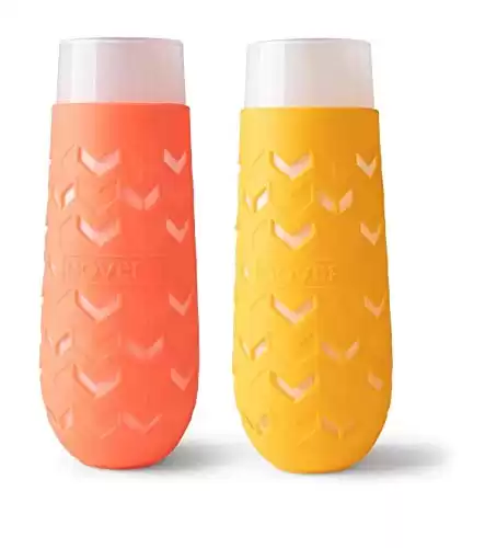 GOVERRE: Stemless Champagne Glass, Silicone Sleeve. (Perfect for Bubbly, Wedding, Toasts, Engagement, Hostess, Birthday Party), (Coral & Mango) Set of 2