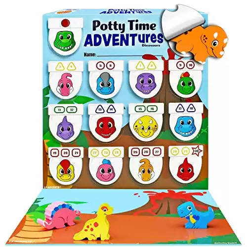 LIL ADVENTS Potty Time Adventures Potty Training Game - 14 Wood Block Toys, Chart, Activity Board, Stickers and Reward Badge for Toilet Training, Dinosaurs