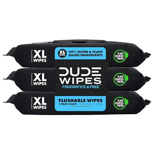 DUDE Wipes - Flushable Wipes - 3 Pack, 144 Wipes - Unscented