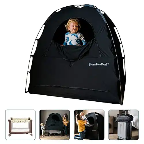 SlumberPod Portable Privacy Pod Blackout Canopy Crib Cover, Sleeping Space for Age 4 Months and Up with Monitor Pouch and Zipper, Blackout Cover, Baby Travel Crib Canopy (Black/Grey)