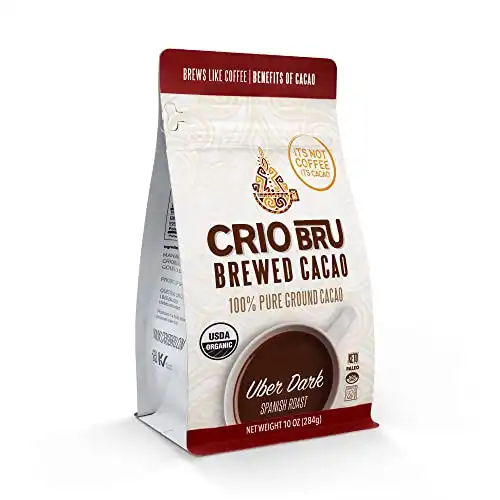 Crio Bru Brewed Cacao Uber Dark Spanish Roast 10oz Bag - Coffee Alternative Natural Healthy Drink | 100% Pure Ground Cacao Beans | 99.99% Caffeine Free, Keto, Low Carb, Paleo, Non-GMO, Organic
