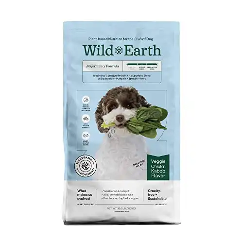 Wild Earth Vegan Dry Dog Food Performance Formula | Plant-Based Vegetarian Kibble | Wheat-Free, Allergen-Free, Veterinarian-Developed | Veggie Chick'n Kabob Flavor, 18lb Bag