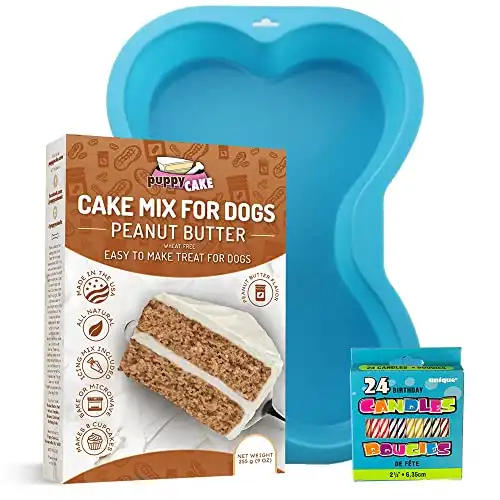 Puppy Cake Mix Dog Birthday Cake Kit, with Bone Silicone Pan and Candles (Peanut Butter, Blue) Made in USA