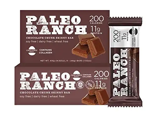 PALEO RANCH Chocolate Chunk Skinny Bars, 1, 9 count, 1.62oz Box, Paleo High Protein Bars,11 Grams of Free Range Egg White & Beef Collagen Protein & Satisfying Chocolate for a Perfect Paleo Die...