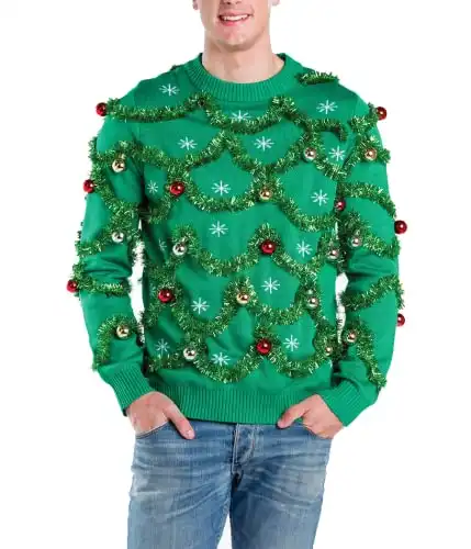 Tipsy Elves Men's Gaudy Garland Sweater - Green Tacky Christmas Sweater with Ornaments: Large