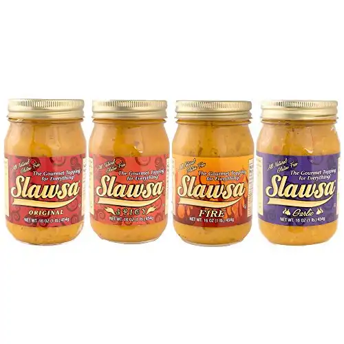 Slawsa All-Natural Gluten-Free The Gourmet Topping for Everything Certified Kosher Variety - Original, Spicy, Garlic, and Fire 16 oz 4 pack