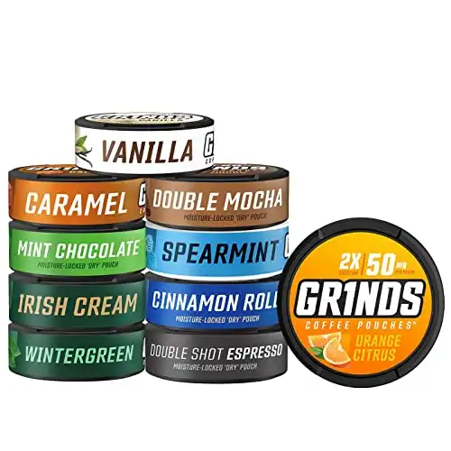 Grinds Coffee Pouches | Try Em All 10 Can Variety Pack | Tobacco & Nicotine Free | Chewing Alternative | 18 Pouches Per Can | 1 Pouch eq. 1/4 Cup of Coffee (Try Em All 10 Can Variety Pack)