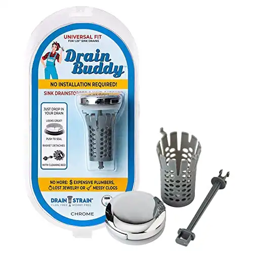 Drain Buddy: Bathroom Sink Stopper Strainer with Hair Catcher - No Installation Clog Prevention, Fits 1.25” Sink Drains - Chrome Plated Cap - Seen On Shark Tank