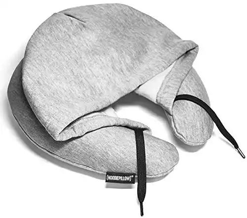 HoodiePillow Inflatable Neck Pillow for Airplane Travel, Car, Train or Relaxing at Home. Compact, Comfortable for Your Neck and Includes Privacy Hood - Gray