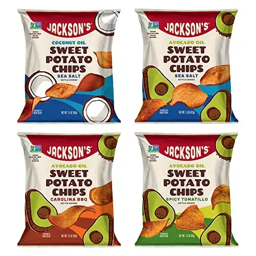 Jackson’s Sweet Potato Kettle Chips Variety Pack made with Premium Oils (1.5 oz, Pack of 10) - Healthy Chips, Gluten Free, Peanut Free, Vegan, Paleo Friendly - Shark Tank Product