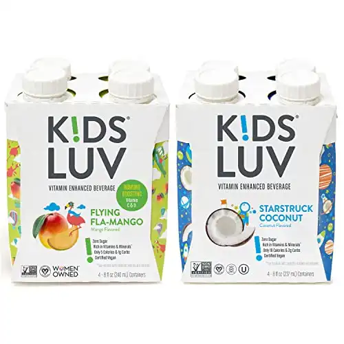 KidsLuv Vitamin Enhanced drinks, 2 flavor Mango/Coconut Variety 8pk, Zero Sugar, Certified Non-GMO, Vegan and Kosher, 8 ounce, Resealable, Recyclable, Strawfree, Tetra Pak drink boxes