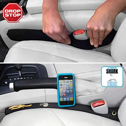 Drop Stop - The Original Patented Car Seat Gap Filler (AS SEEN ON Shark Tank) - Set of 2 and Slide Free Pad and Light