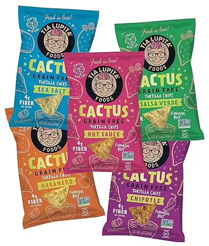 Tia Lupita Cactus Tortilla Chips - Variety 5-Pack - Flavorful Heat, Vegan, Gluten Free, Grain Free, Dairy Free, High Fiber, Authentic Mexican Snack Food