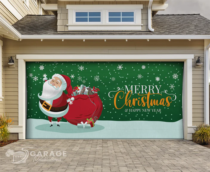 Garage Celebrations 2-Car Door Cover Banner Decoration – Snowflake Santa